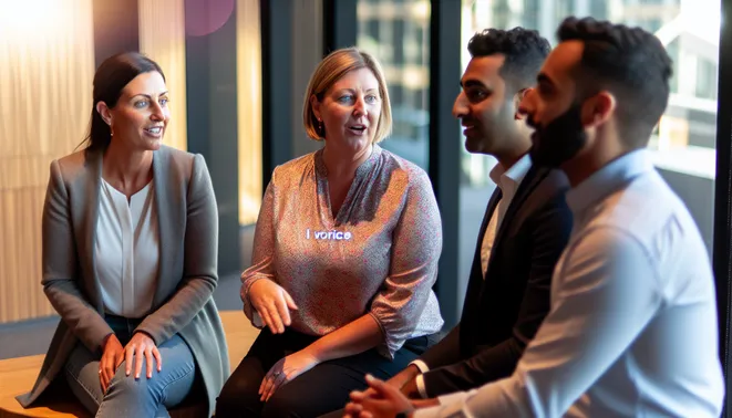 Diverse real estate team discussing AI voice technology in modern Melbourne office setting.