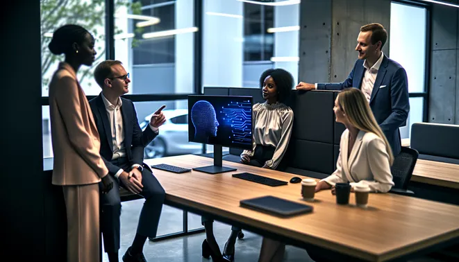 Professionals collaborating in a sleek Melbourne office with advanced AI technology displays.
