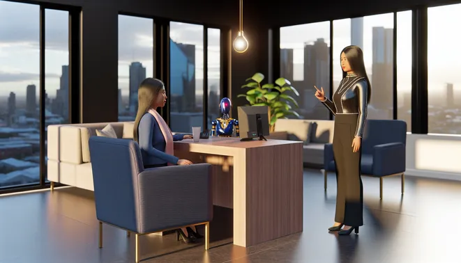 Real estate agent interacting with AI receptionist in a stylish Melbourne office space.