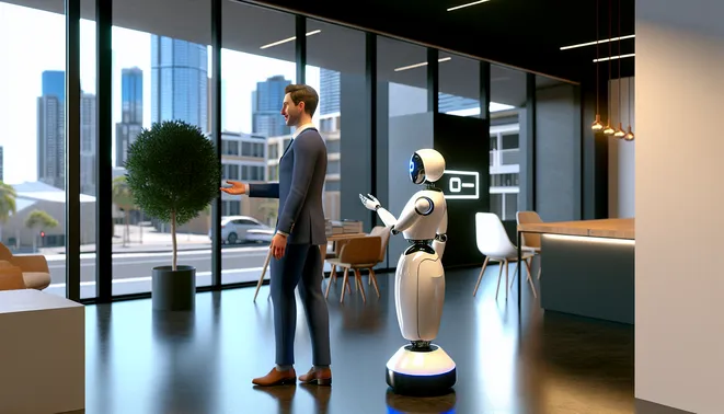 Real estate agent interacting with AI assistant in a sleek Melbourne office
