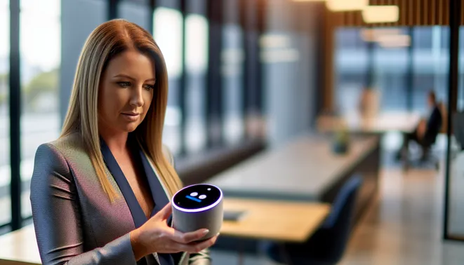 Real estate agent using AI voice assistant in sleek Melbourne office for lead conversion
