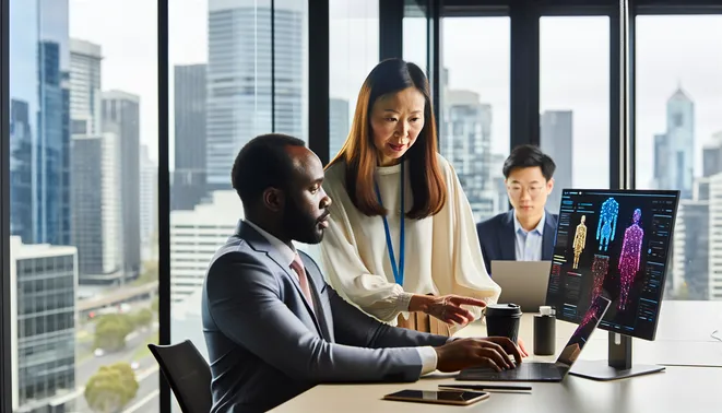 Diverse real estate agents collaborating with AI technology in a modern Melbourne office.
