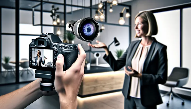 Real estate agent interacting with AI voice assistant in sleek Melbourne office setting