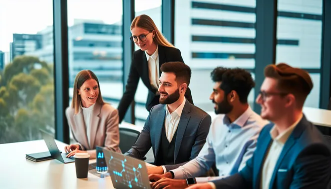 Diverse team collaborating on AI-driven project management in a modern Melbourne office.