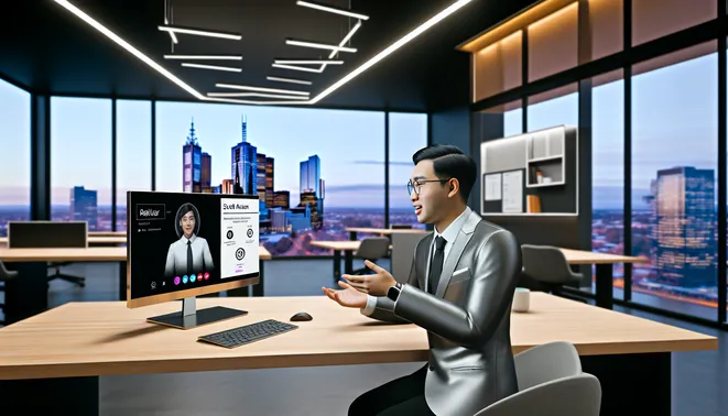 Real estate agent engaged in a video call with AI interface in modern Melbourne office.
