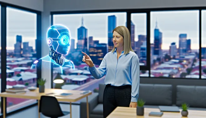 Real estate agent interacting with holographic AI in Melbourne office for after-hours service