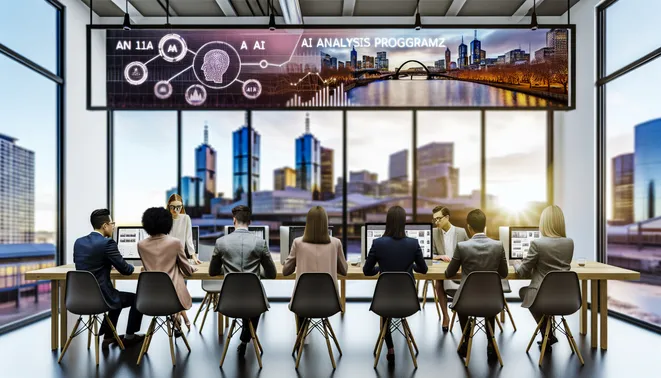 Melbourne real estate agents collaborating with AI analytics on a digital dashboard in a modern office.