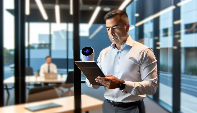 Real estate agent in Melbourne using AI voice assistant on tablet in modern office setting.