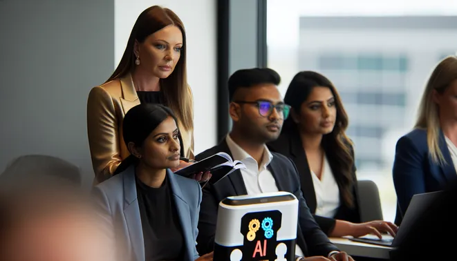 Diverse real estate agents collaborating with AI tools in a modern Melbourne office.