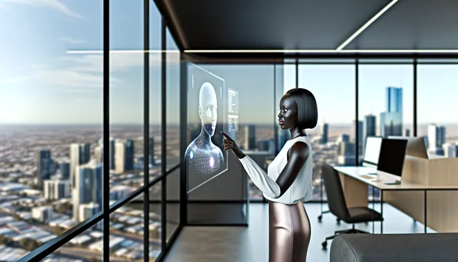 Real estate agent interacting with AI interface in a modern Melbourne office with city views.