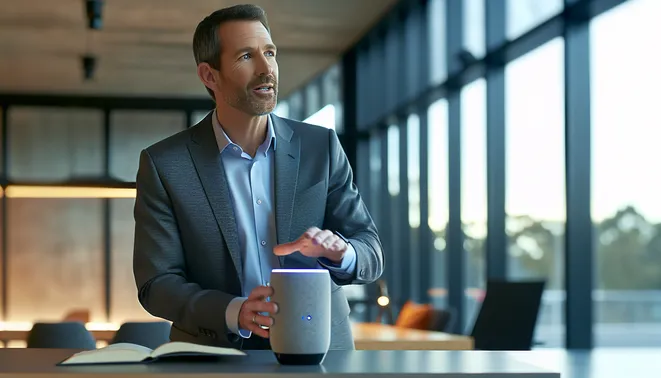 Real estate agent interacting with AI voice assistant in a sleek Melbourne office