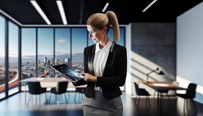 Real estate agent using high-tech AI tablet in modern Melbourne office with city skyline views.