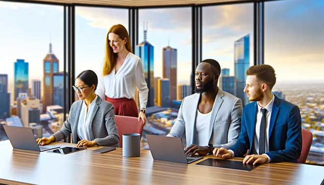 Diverse business team using AI tools in modern Melbourne office with skyline view.