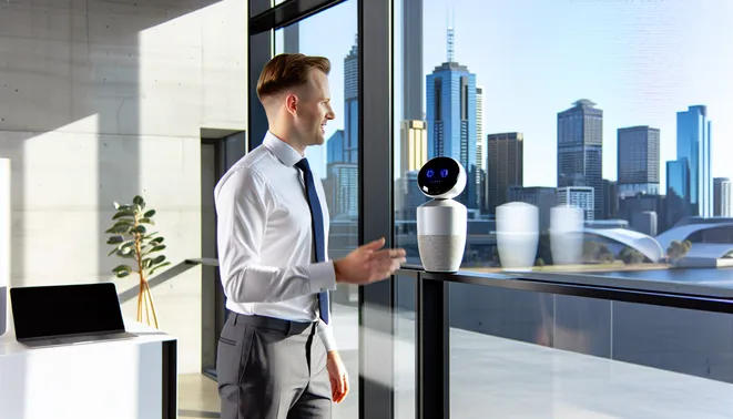 Melbourne realtor conversing with AI voice assistant in modern office overlooking skyline.