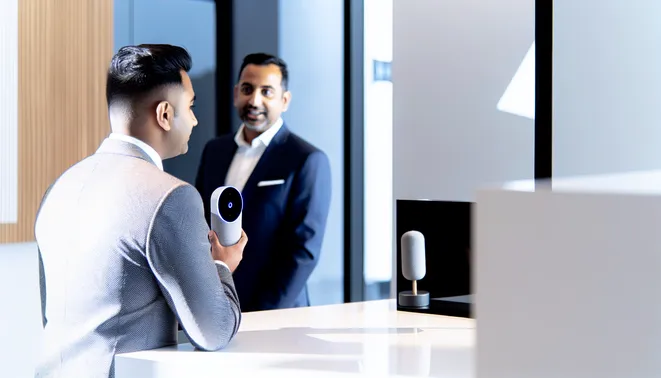 Melbourne real estate agent interacting with AI assistant in sleek, modern office