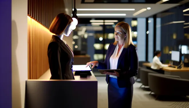 Businesswoman engaging with AI receptionist on tablet in modern Melbourne office setting.