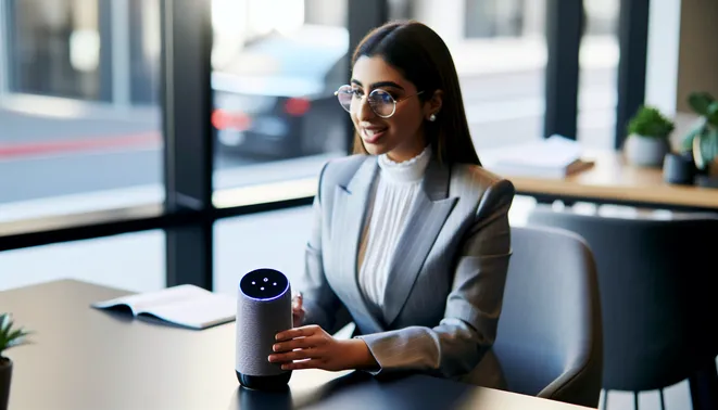 Real estate agent in Melbourne using AI voice assistant in stylish modern office setting.