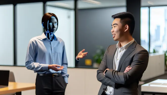 Real estate agent interacting with AI receptionist in modern Melbourne office setting.
