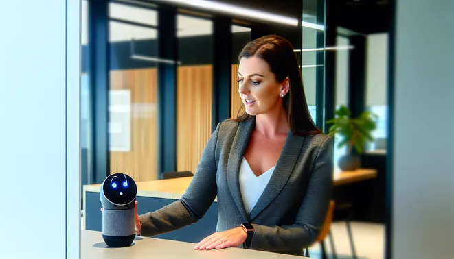 Real estate agent engaging with AI voice assistant in a modern Melbourne office setting.