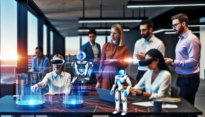 Diverse Melbourne real estate agents collaborating with AI technology in a modern office space.