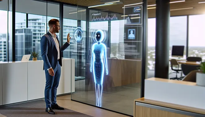 Real estate agent interacting with AI receptionist in modern Melbourne office