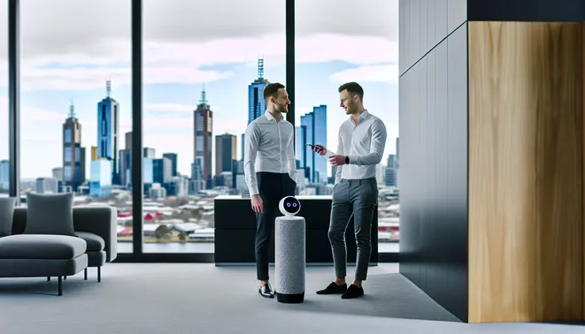 Melbourne real estate agent using AI voice assistant in a modern office with skyline views.