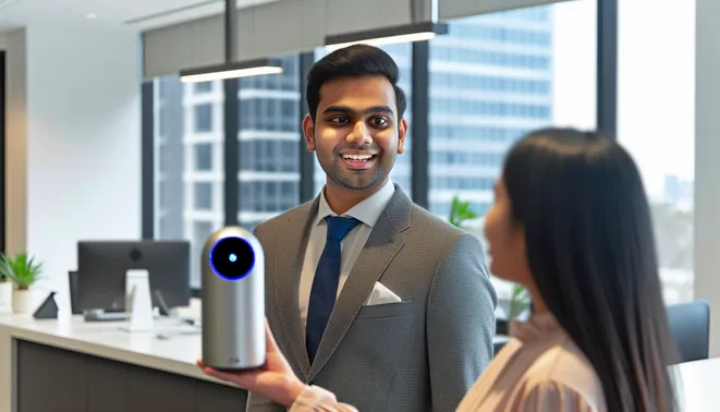 Melbourne real estate agent interacting with AI voice assistant in modern office setting