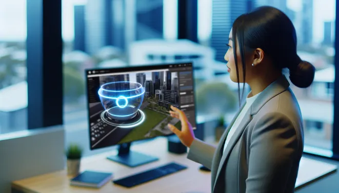 Real estate agent interacting with AI interface in a modern Melbourne office setting