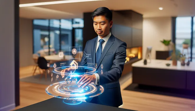 Professional agent using holographic AI tools in modern Melbourne real estate office.