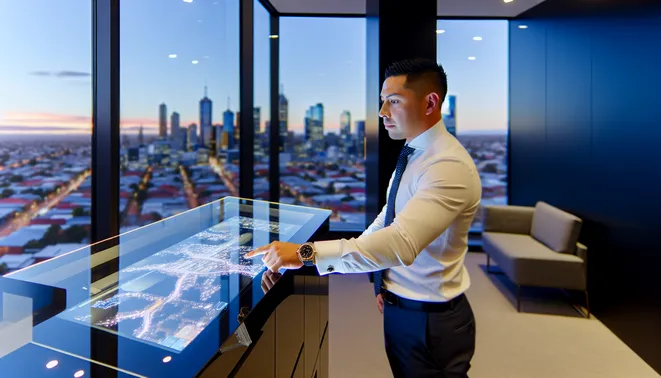Agent using AI automation display in sleek Melbourne real estate office with city view.