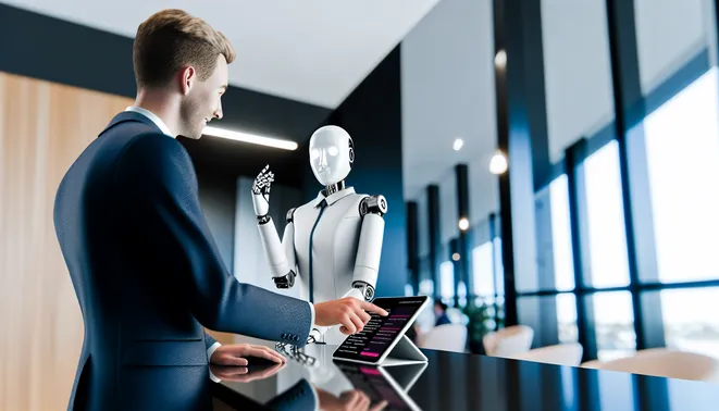 Real estate agent interacting with AI receptionist on a tablet in modern Melbourne office