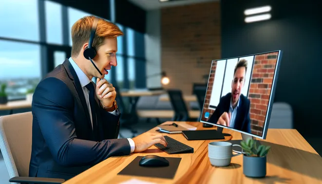 Real estate agent on video call in modern Melbourne office with advanced CRM automation tools.