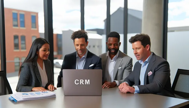 Diverse business team collaborating on CRM automation in a modern Melbourne real estate office.