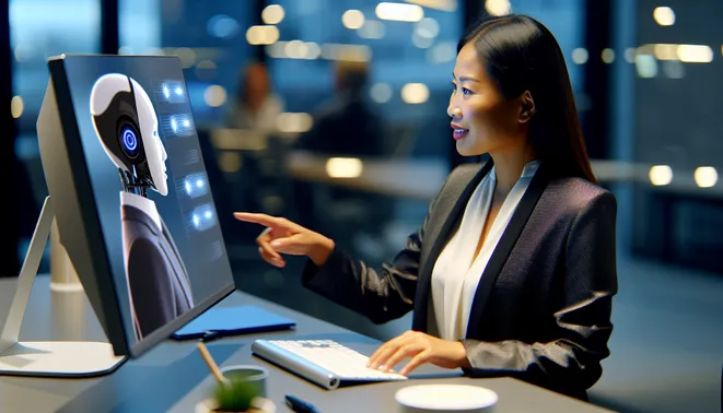 Real estate agent interacting with AI interface in modern Melbourne office managing leads.