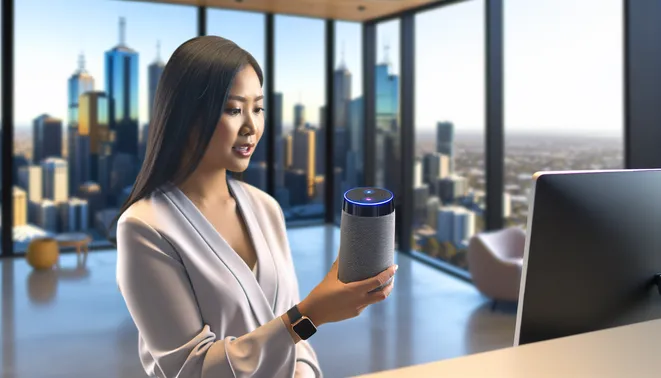 Real estate agent engaging with AI voice assistant in modern Melbourne office with skyline view.
