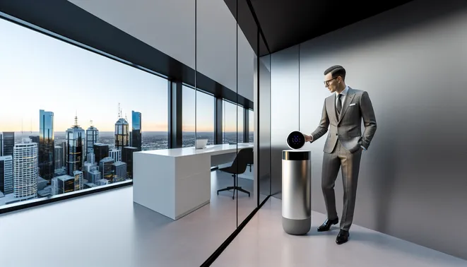 Real estate agent engaging with AI voice assistant in sleek Melbourne office with skyline views.