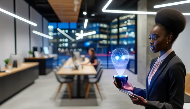 Real estate agent interacting with AI assistant in modern Melbourne office setting
