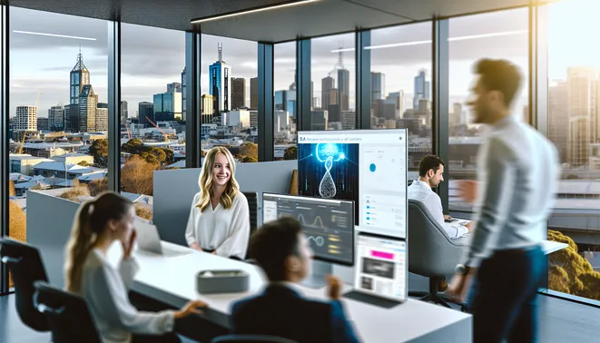 Diverse real estate agents using AI tools in modern Melbourne office with city skyline view.