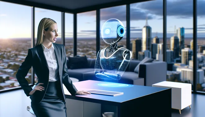 Real estate agent interacting with AI voice assistant in a sleek Melbourne office