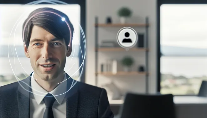 Real estate agent using advanced AI technology during a video call in Melbourne office
