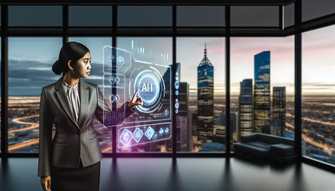 Businesswoman interacting with AI dashboard in sleek Melbourne office with skyline view.