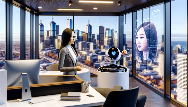 Real estate agent interacting with AI assistant in modern Melbourne office with city skyline view