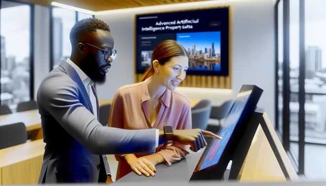 Diverse real estate agents analyzing AI property data in a modern Melbourne office.