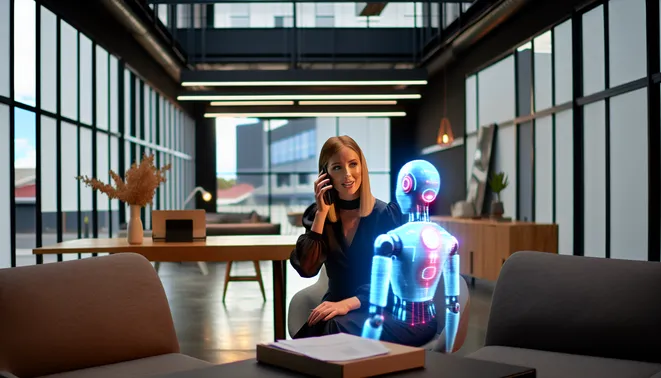 Real estate agent on video call with holographic AI receptionist in modern Melbourne office.