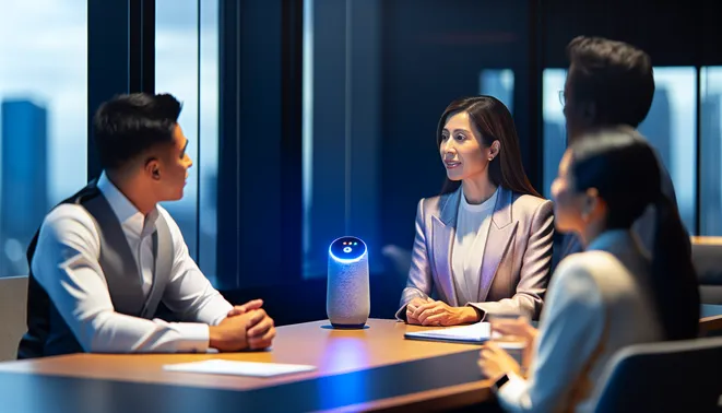 Real estate agent engaging clients with AI voice assistant in modern Melbourne office