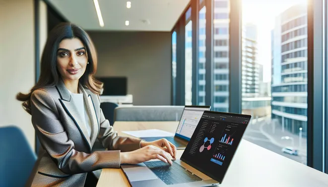 Real estate agent analyzing AI-driven CRM dashboard in modern Melbourne office