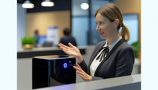 Real estate agent engaging with AI reception system in modern Melbourne office