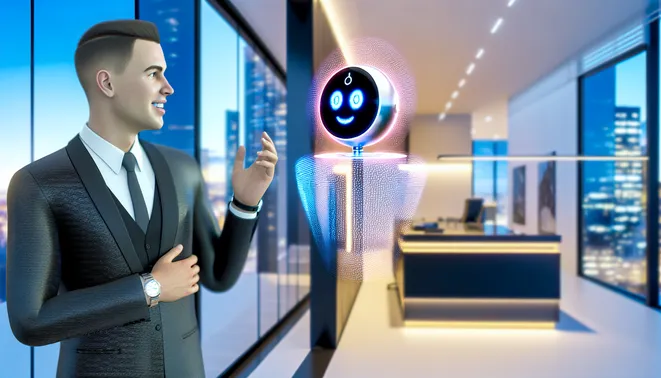 Real estate agent interacting with AI voice assistant in a modern Melbourne office