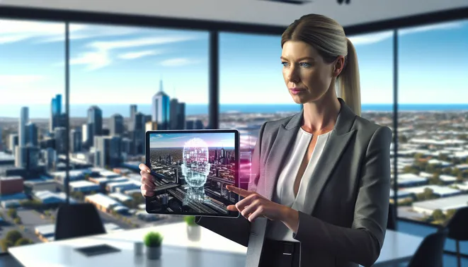 Real estate agent using AI tablet in modern Melbourne office with city view backdrop.