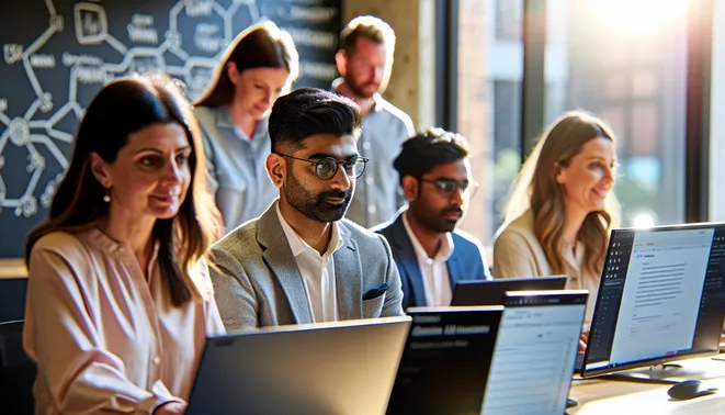Melbourne team collaborating on AI-driven CRM analytics in a bright, modern office